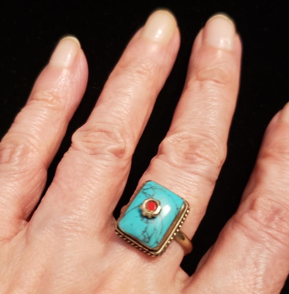NWOT Intricate Inlaid Nepali Turquoise &  Coral Ring Sz 7 Very Delicate Artistry